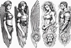 Full arm sleeve with a female Angel warrior at the top of the sleeve with her wings wrapped around the top half of the arm until the elbow. At the bottom of the sleeve a females face with a lion tattoo idea