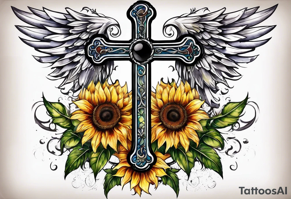 Winged cross with sunflower arm sleeve tattoo idea