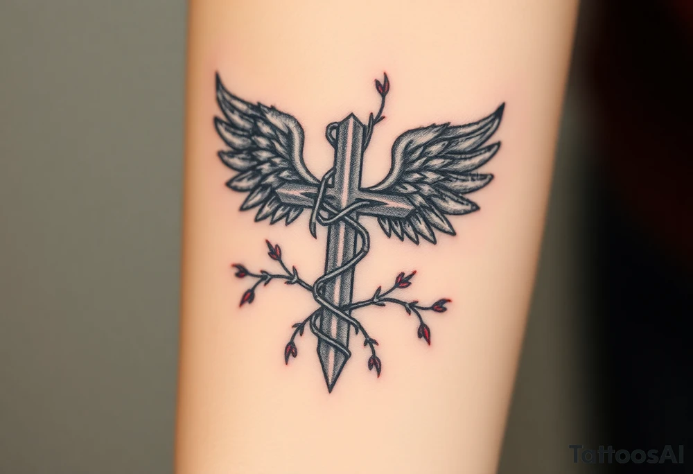 A cross wrapped in thorny vines, with dark angel wings in deep gray and blood-red accents tattoo idea
