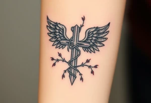 A cross wrapped in thorny vines, with dark angel wings in deep gray and blood-red accents tattoo idea