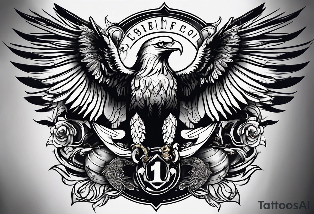 idea of pain for glory in life, discipline and catholic religion. Tattoo on the back with an eagle , 2 doves and fish tattoo idea