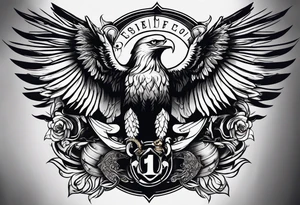 idea of pain for glory in life, discipline and catholic religion. Tattoo on the back with an eagle , 2 doves and fish tattoo idea