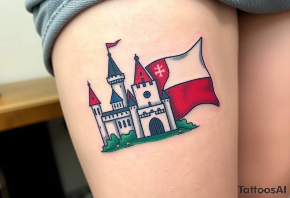 A Czech flag waving behind a medieval castle tattoo idea