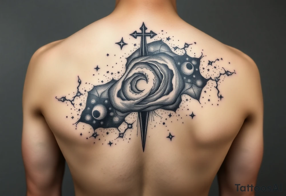 Beautiful and epic 3d milky way that appears to be what is beneath the skin. Make it drape over the shoulder and move to the middle back. use negative spaces to create stars and dust. Incorporate God breathing life into the universe. Keep it symmetrical tattoo idea