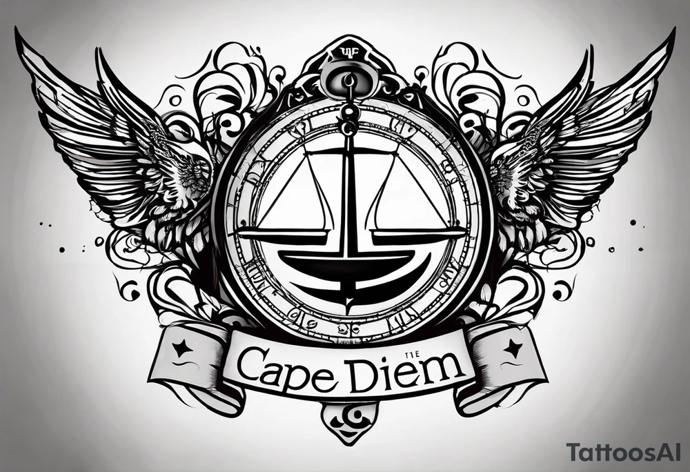 Create a tattoo design for a forearm that complements an existing 'carpe diem' scripted tattoo. The design should incorporate elements that symbolize the journey of life, achievements, and personal growth. Consider including symbols like a compass, the scales of justice, or abstract linework that represents life’s ups and downs. The style should be elegant, with a balance between detailed and minimalistic elements, ensuring it flows naturally with the existing tattoo. tattoo idea