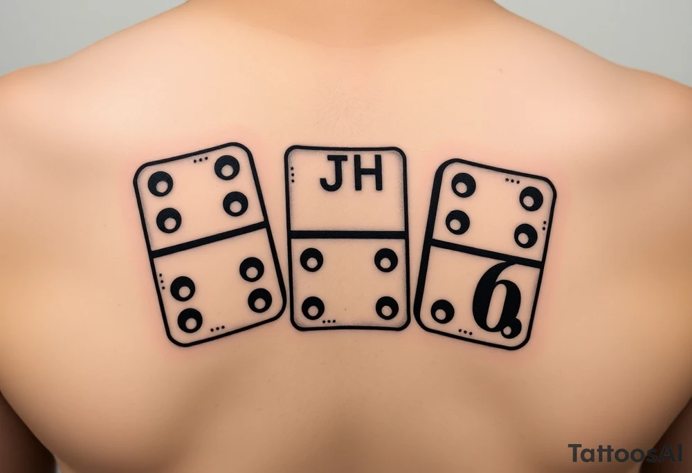Tattoo design of three domino tiles, realistic retro style, not fine-line. The dominoes should be arranged visible together, with numbers: one domino with 8 (4+4), one with 7 (4+3), and one with 6 (six dots on the bottom half). On the top half of the domino with 6, add the initials ‘JH’, integrated in a subtle vintage lettering style. Shaded black and grey tattoo style, retro realistic, slightly worn texture tattoo idea