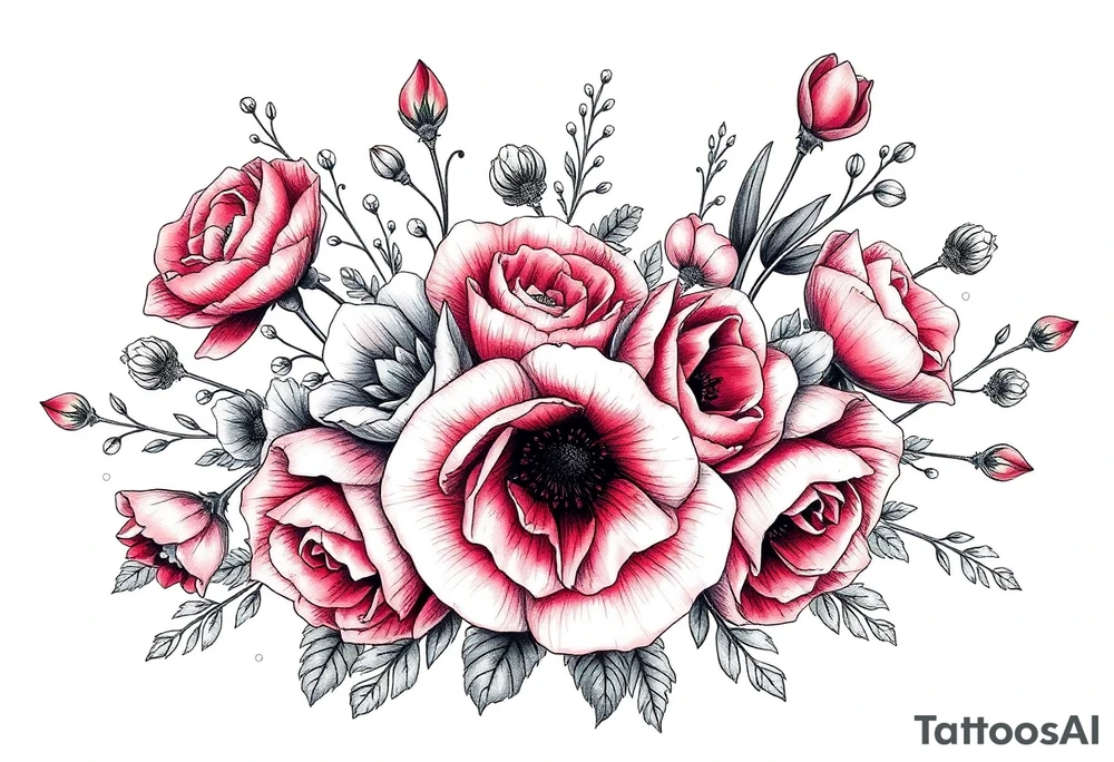 vintage bouquet of wild roses and meadow flowers with morning dew tattoo idea