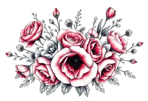 vintage bouquet of wild roses and meadow flowers with morning dew tattoo idea