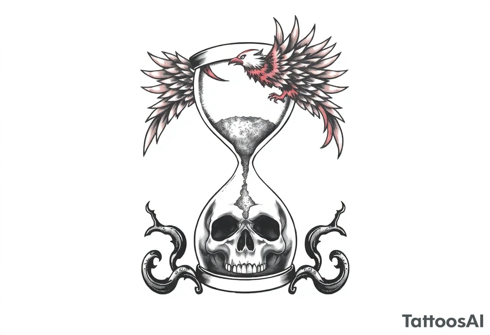 A cracked hourglass with the sands forming a skull below and a phoenix rising from the top. tattoo idea