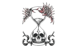 A cracked hourglass with the sands forming a skull below and a phoenix rising from the top. tattoo idea