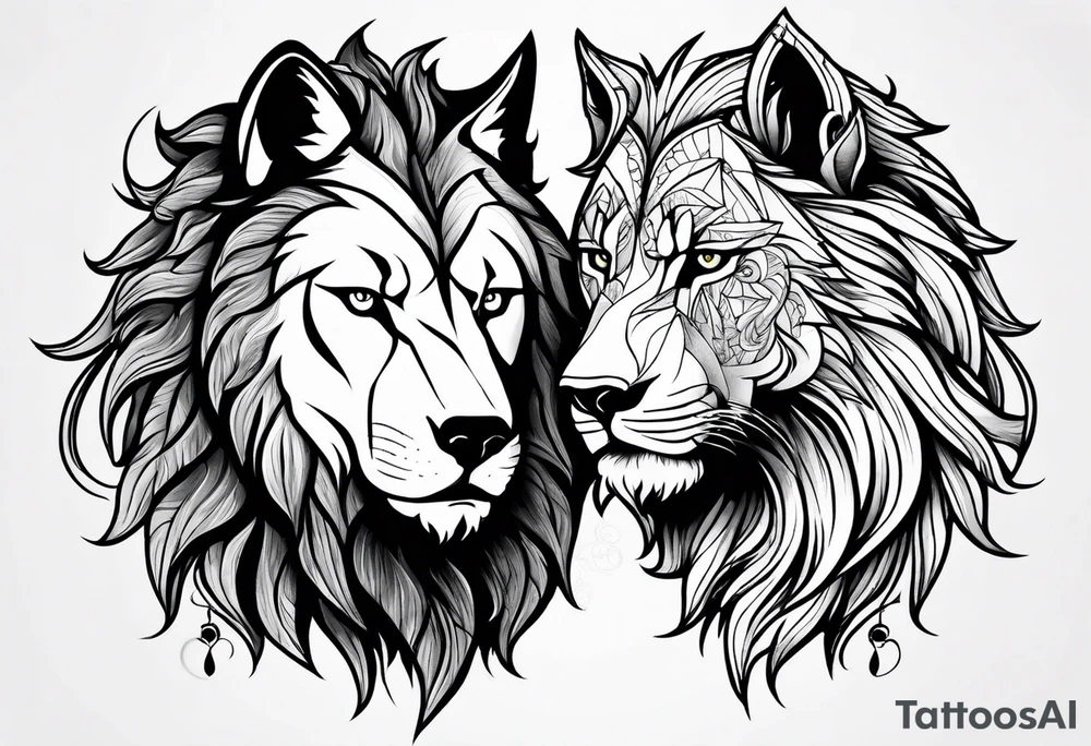 A wolf and a lion facing each other, representing strength and love tattoo idea