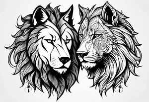 A wolf and a lion facing each other, representing strength and love tattoo idea