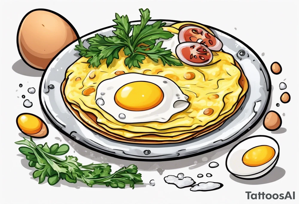 A round, thin omelette made from five eggs with salt pepper and a bit greens tattoo idea