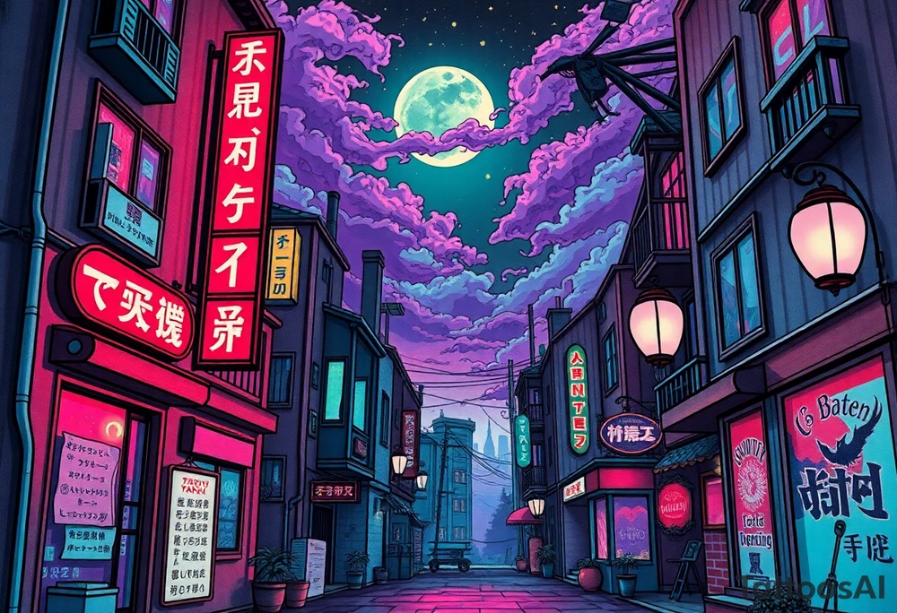 Tim Burton’s haunted pastel Tokyo apartment from the street view is littered in neon signs and dripping with muted reds, dusty pinks, and eerie green glow.purple and cyan smokey clouds swirl in the crescent moonlit sky thats sprinkled with stars tattoo idea tattoo idea