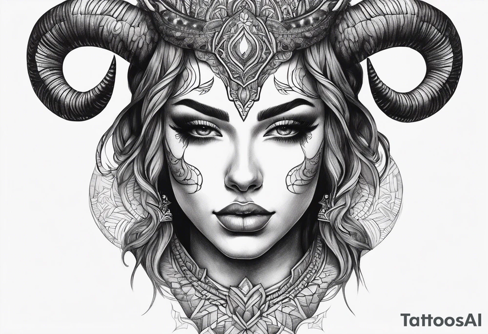 symmetrical woman head with curved horns facing downwards dark realism looking front facing view tattoo idea