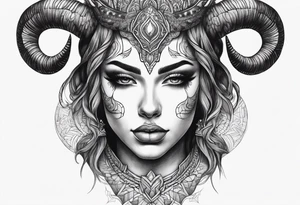 symmetrical woman head with curved horns facing downwards dark realism looking front facing view tattoo idea