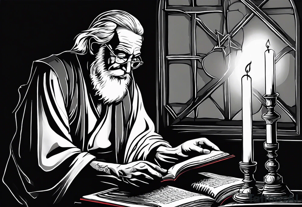 old man beggar reading a holy bible by candle light tattoo idea