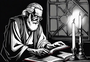 old man beggar reading a holy bible by candle light tattoo idea