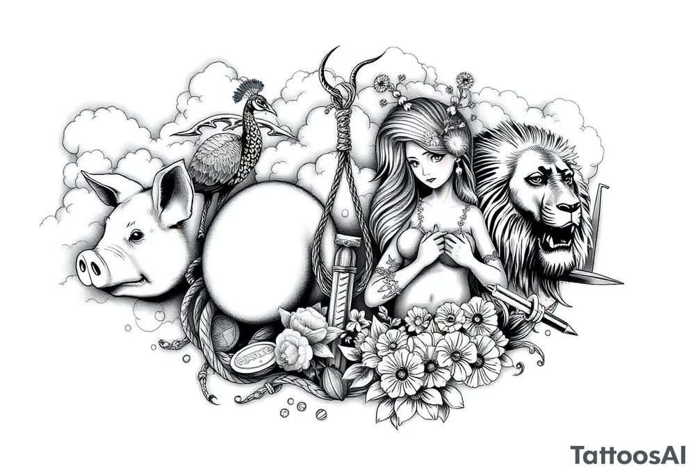 Storm clouds, pig, peacock , fat sexy naked fat woman, cupcakes, noose , money, goat, lion, man and girl having sex, cigerette, drugs, coins, storm lightening, killing, darkness, mirror, razor , knife, inside clouds tattoo idea