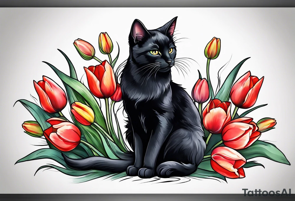 Tulips and black cat tattoo idea