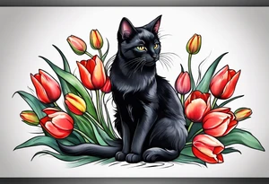 Tulips and black cat tattoo idea