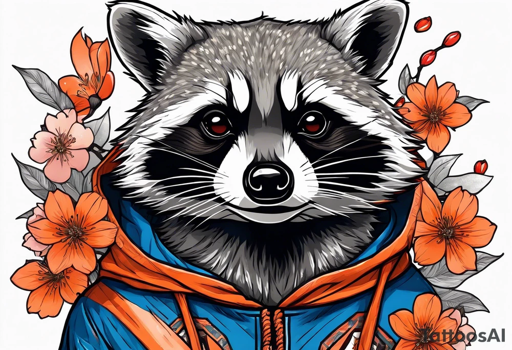 raccoon wearing a Superman hoodie with orange Japanese cherry blossoms tattoo idea