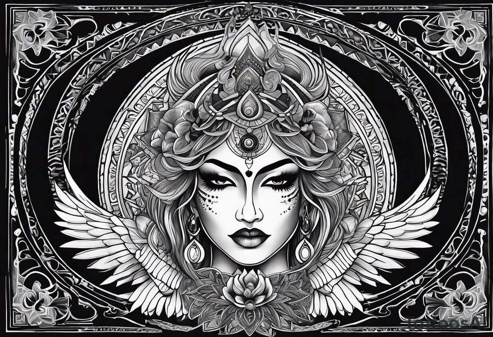 black kali, goddess pirate, alien, angel, pachamama, valkrye, warrior, flying, skull, lotus azul, wing, eagle, zenza resonance, stars, 5D, anahata chakra, death, durga, riding on a tiger, flying lady, kundalini, chest tatoo, rebel tattoo idea
