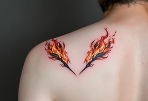 Matching red and orange flame tattoo on each partner shoulders. tattoo idea