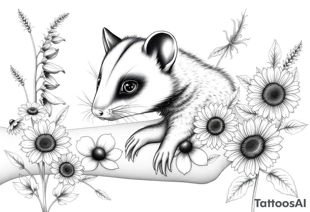 Sweet opossum with doe eyes surrounded by hellebores, lantana, foxglove and sunflowers with shading tattoo idea