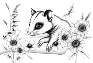 Sweet opossum with doe eyes surrounded by hellebores, lantana, foxglove and sunflowers with shading tattoo idea