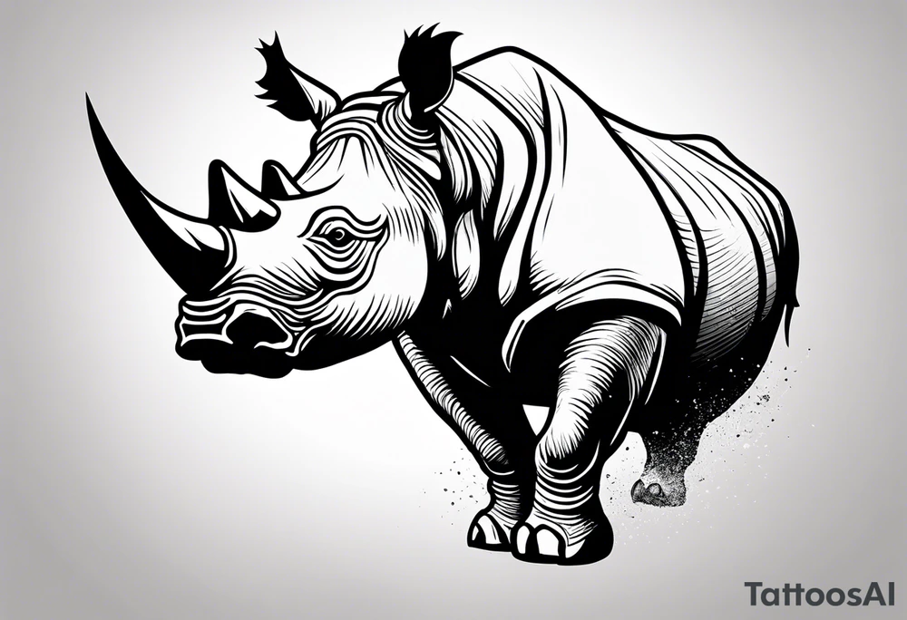 A front-facing rhino head with a sharp elongated tusk that appears angry and fierce tattoo idea