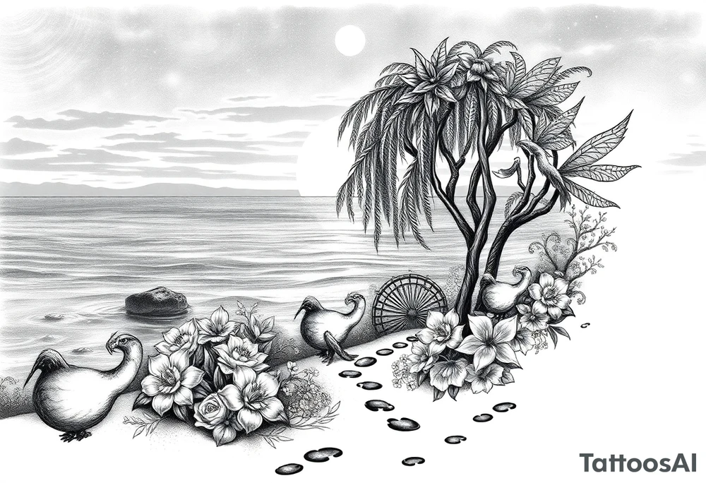 Sunset galaxy. Rocky Dark Ocean.  fairies, mermiads, dragons  weeping willow garden with roses and lilies flower beds,,  cat paw prints path in dirt. tattoo idea