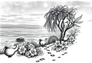 Sunset galaxy. Rocky Dark Ocean.  fairies, mermiads, dragons  weeping willow garden with roses and lilies flower beds,,  cat paw prints path in dirt. tattoo idea