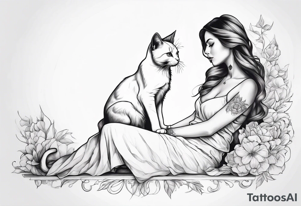 white cat sitting on beautiful woman laps tattoo idea