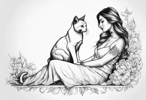 white cat sitting on beautiful woman laps tattoo idea