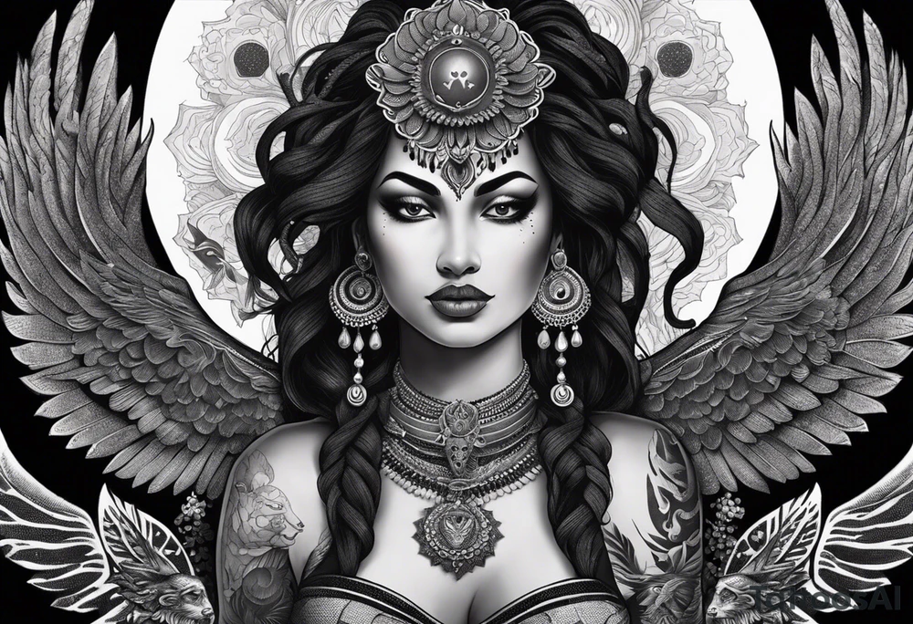 black kali, goddess pirate, alien, angel, pachamama, valkrye, warrior, flying, skull, lotus azul, wing, eagle, zenza resonance, stars, 5D, anahata chakra, death, durga, riding on a tiger, flying lady, kundalini, chest tatoo, samuri, rebel,serpent tattoo idea