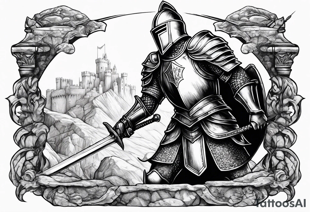 knight pulling out sword off stone tattoo idea