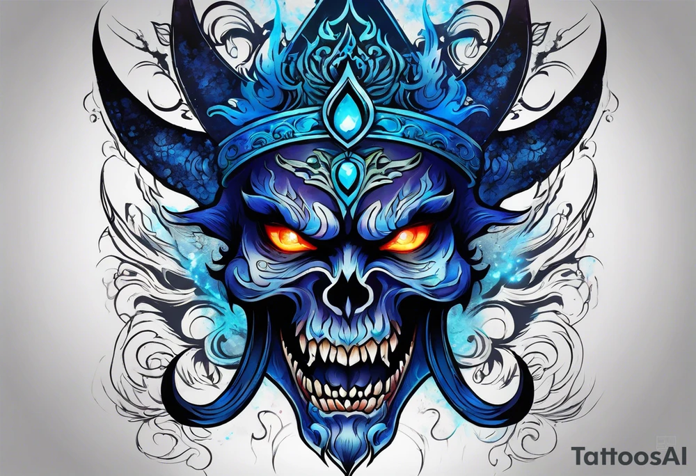 a demonic face with blue flames as majestic crown, deep set glowing galaxy styled eyes, skull faced with slightly open mouth and slight sliver of fangs, tattoo idea