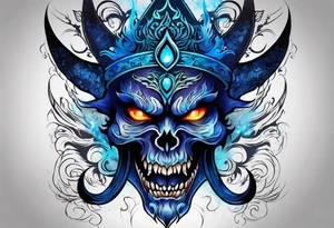 a demonic face with blue flames as majestic crown, deep set glowing galaxy styled eyes, skull faced with slightly open mouth and slight sliver of fangs, tattoo idea