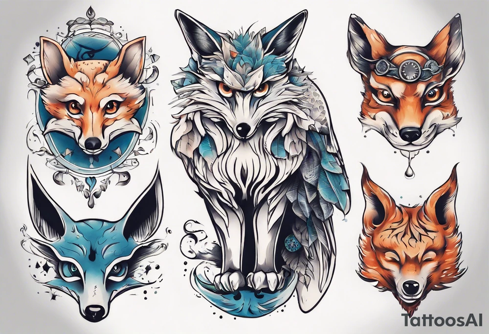 fisch, fuchs und eule tattoo idea
