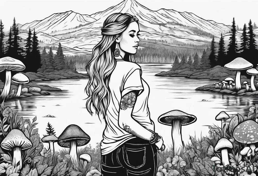Whole picture encircled fully

Straight long blonde hair hippie girl in distance holding mushrooms in hand facing away toward mountains and creek surrounded by mushrooms tee shirt and hiking pants; whole rendering within a full circle, no cut off circle tattoo idea