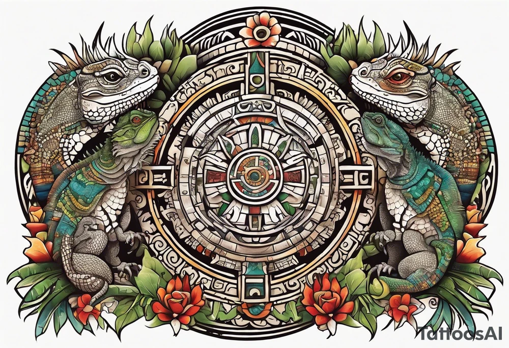 Mayan calendar with large iguanas with long tails intertangled at the bottom tattoo idea