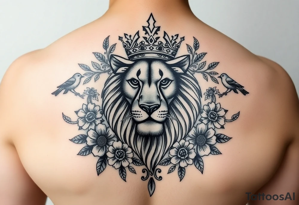 powerful majestic lion with a crown, surrounded by floral ornaments and birds tattoo idea