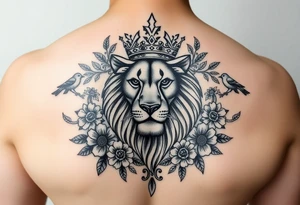 powerful majestic lion with a crown, surrounded by floral ornaments and birds tattoo idea