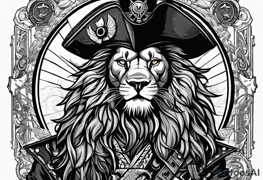 Pirate lion wearing jacket, sword and pistol, nautical steampunk theme. dreadlocks. tattoo idea