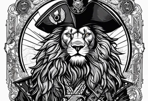 Pirate lion wearing jacket, sword and pistol, nautical steampunk theme. dreadlocks. tattoo idea