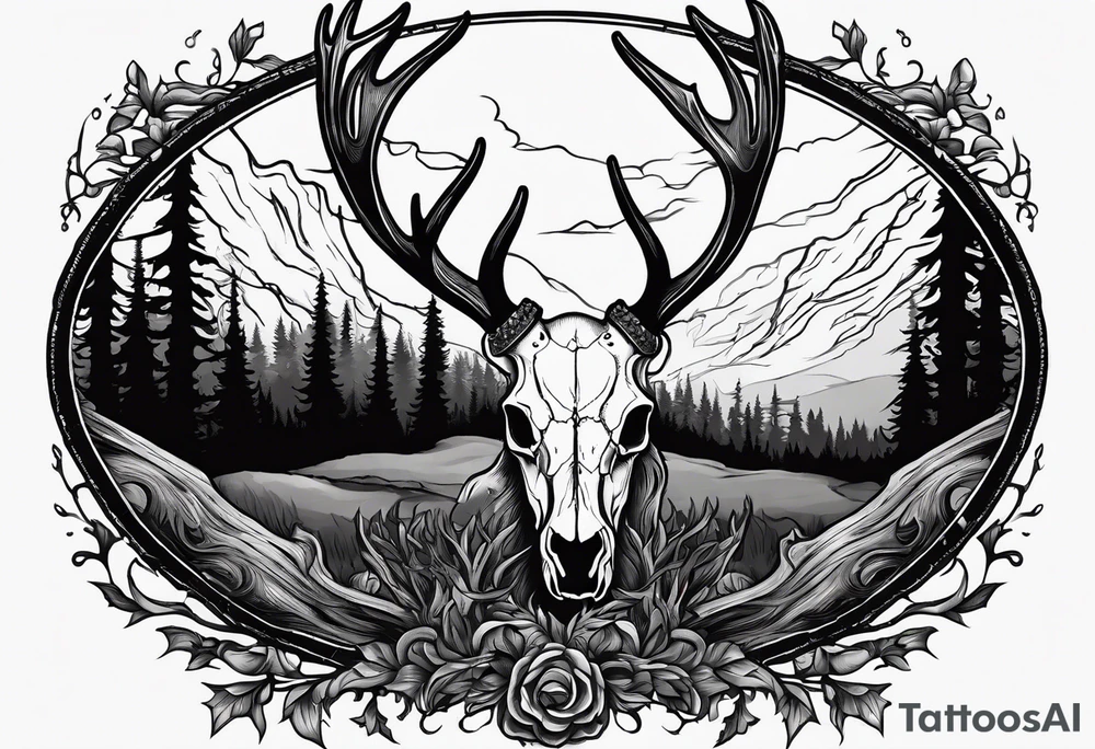 A SCARY side view of a decayed deer skull NO SKIN JUST BONE surrounded by a forest fire in background tattoo idea
