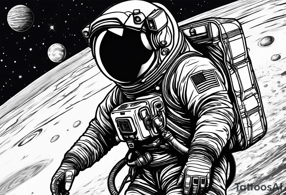an astronaut hunched over in space from the back holding a planet in his hands tattoo idea