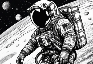 an astronaut hunched over in space from the back holding a planet in his hands tattoo idea