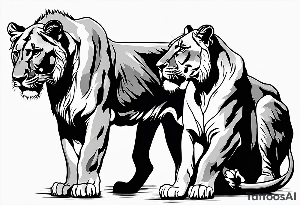 Fierce lioness on her hind legs in a fighting stance  Protecting her two cubs rib tattoo design tattoo idea